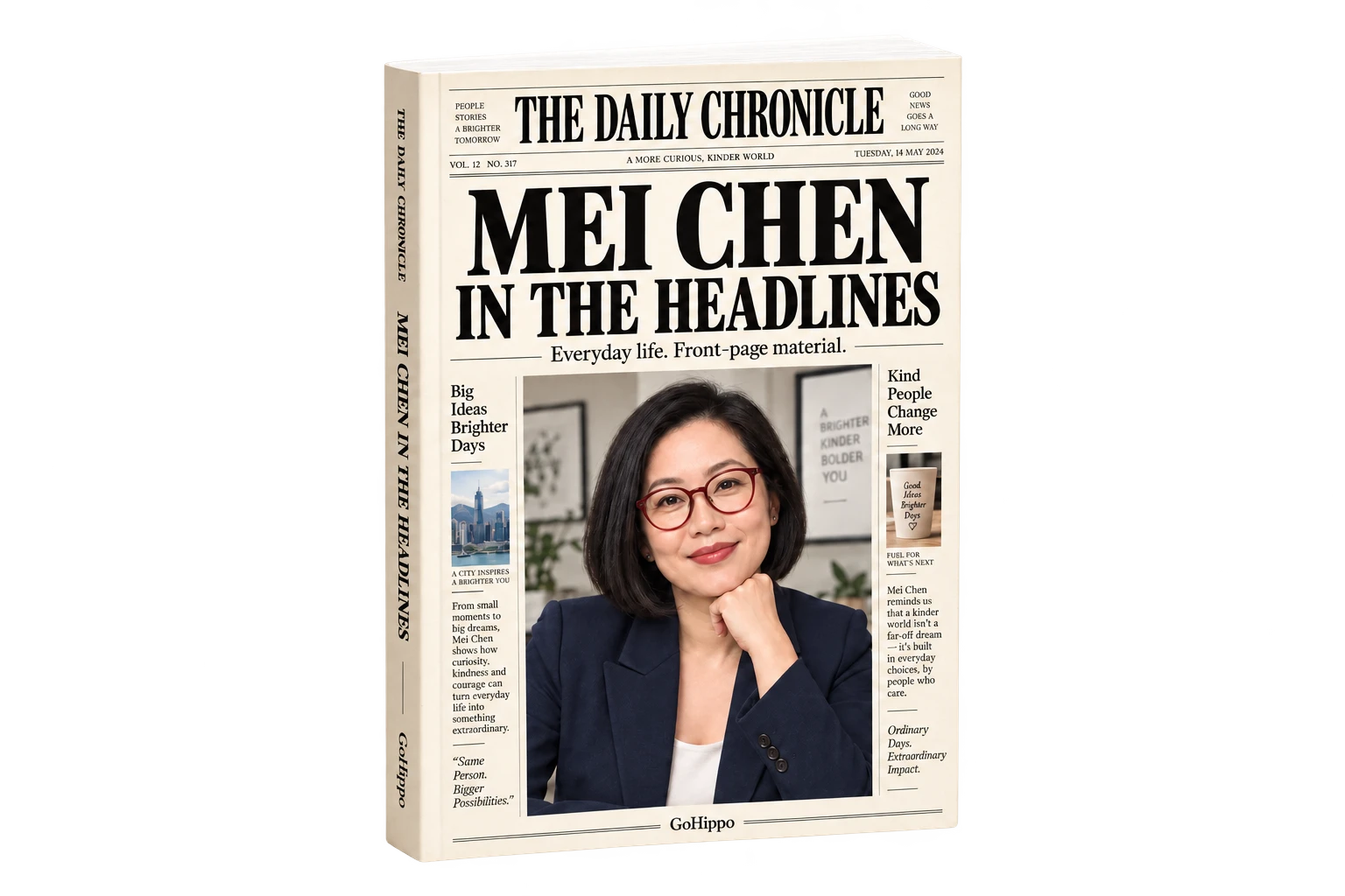 Example In the Headlines cover featuring fictional recipient Mei Chen