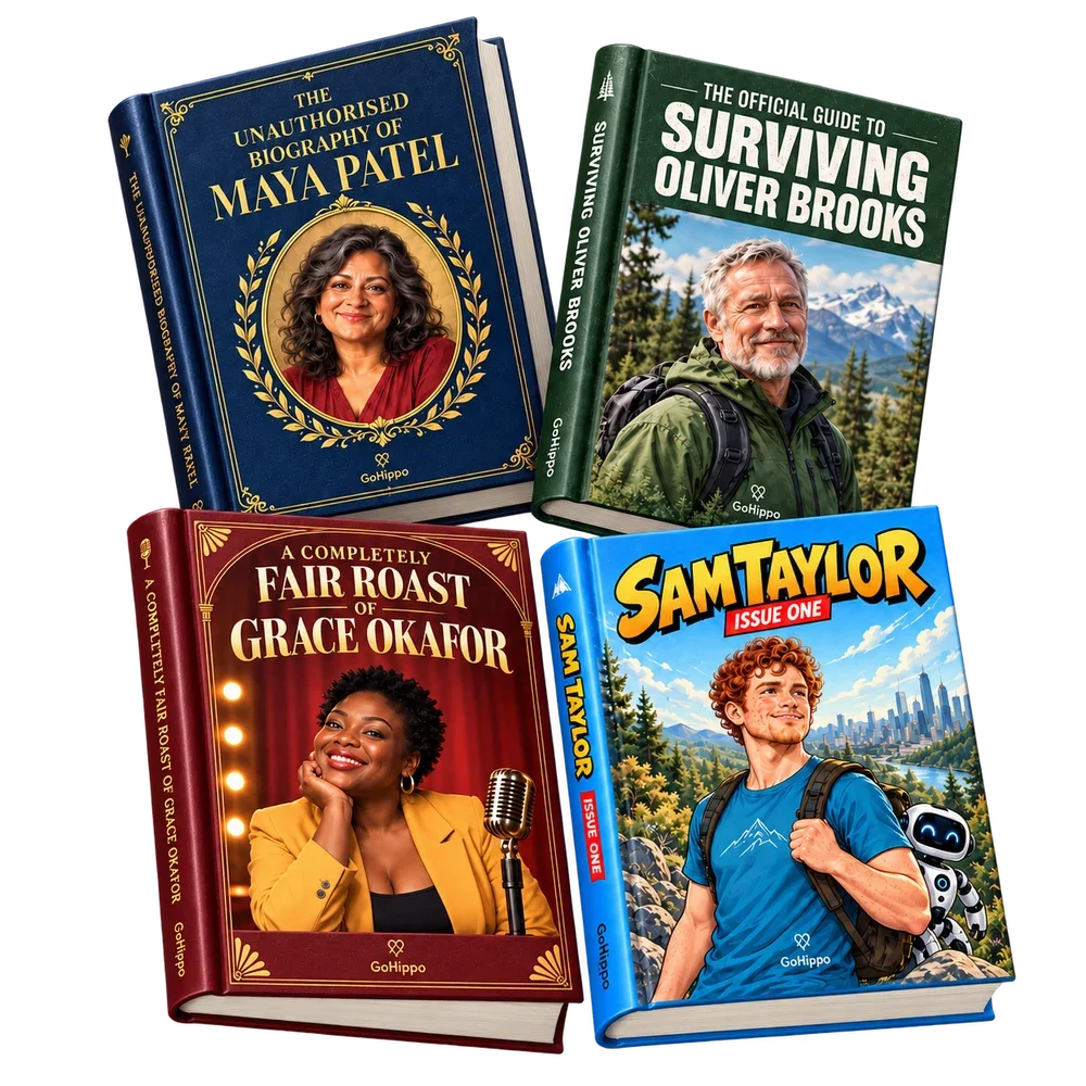 Illustrative examples of four colorful personalized GoHippo books